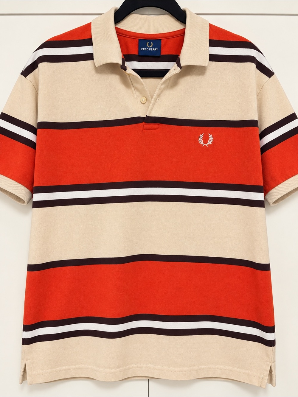 Fred Perry Men’s Striped Polo Shirt Cream Orange Brown Laurel Logo